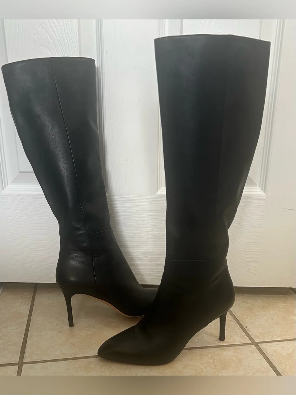 Via Spiga Dacia Almond  Toe Women's Black Leather Stiletto High Boots Size 6